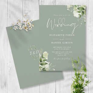 Invitation Mariage Monogramme Feuille noir blanc vert