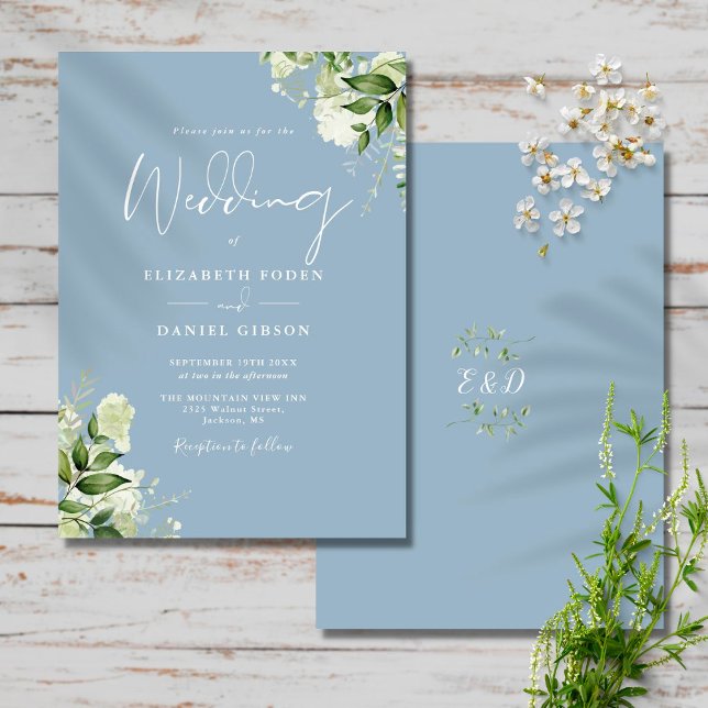 Invitation Mariage Monogramme Feuilles de Verdure Bleu Poussi (Créateur téléchargé)