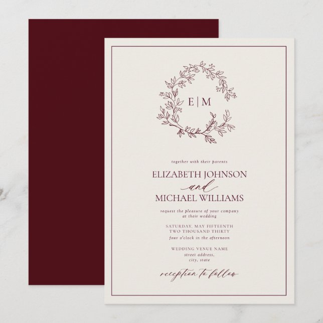 Invitation Mariage Monogramme Feuillu Crème et Bourgogne  (Devant / Derrière)