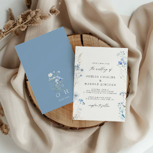 Invitation Mariage Monogramme Fleurs Sauvages Bleu Poussiéreu