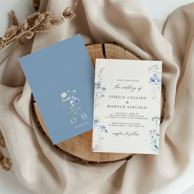 Invitation Mariage Monogramme Fleurs Sauvages Bleu Poussiéreu (Créateur téléchargé)