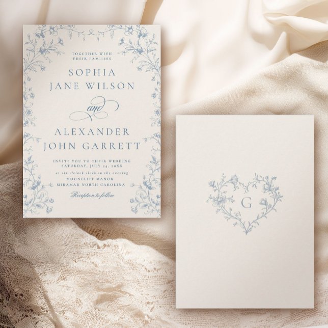Invitation Mariage Monogramme Floral Bleu Romantique (Créateur téléchargé)