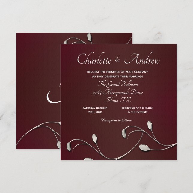 Invitation Mariage Monogramme Floral Bourgogne (Devant / Derrière)