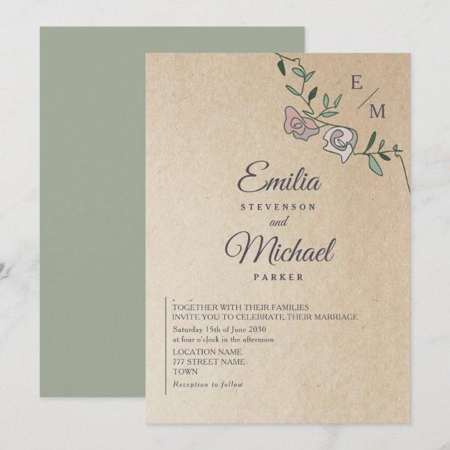 Invitation Mariage Monogramme Floral Kraft Rustique  (Devant / Derrière)