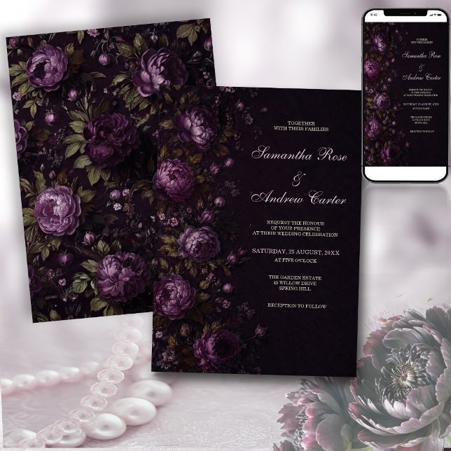 Invitation Mariage Monogramme Floral Olive Prune Foncé (Créateur téléchargé)