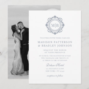 Invitation Mariage Monogramme Floral Orné Blanc Argent