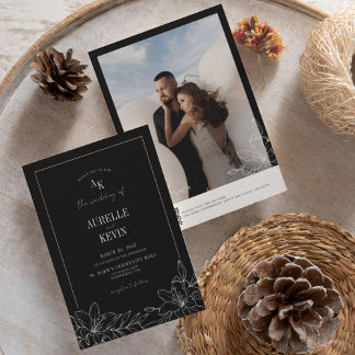 Invitation Mariage Monogramme Floral Rustique Noir Photo QR 