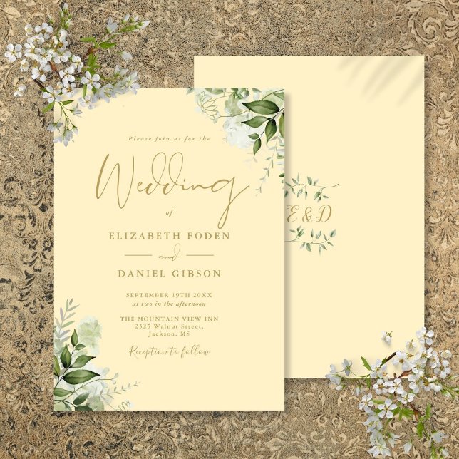 Invitation Mariage Monogramme Jaune Bouton d'Or de Verdure (Buttercup Yellow Greenery Monogram Wedding Invitation)