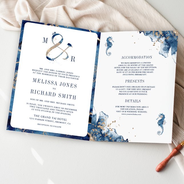 Invitation Mariage Monogramme Marin de la Marine & Code QR (Créateur téléchargé)