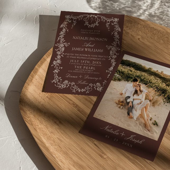 Invitation Mariage Monogramme Marron Chocolat Floral Old Mone (Créateur téléchargé)