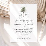 Invitation Mariage Monogramme minimal Palm Tree<br><div class="desc">Invitations tropicales de mariage avec vos initiales monographiques séparées par une seule illustration de palmier en haut de l'invitation. Personnalisez le mariage monogramme palmier invite avec vos noms et détails mariages en lettres noires avec un script moderne écrit à la main accusant le design. La simple invitation de mariage tropicale...</div>