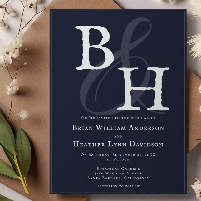 Invitation Mariage Monogramme minimaliste bleu marine (Navy Blue Minimalist Monogram Wedding Invitation)