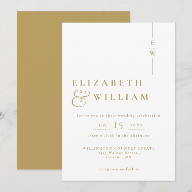 Invitation Mariage Monogramme minimaliste Gold Modern (Devant / Derrière)