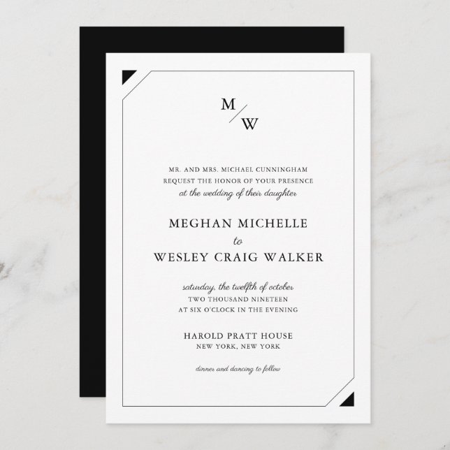 Invitation Mariage Monogramme minimaliste noir (Devant / Derrière)