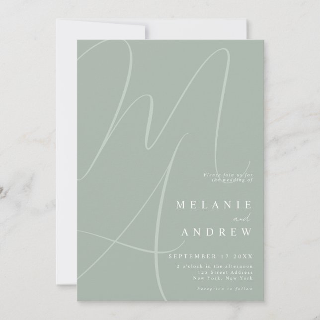 Invitation Mariage Monogramme minimaliste Sage vert (Devant)