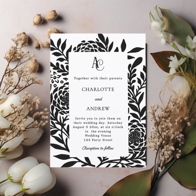 Invitation Mariage monogramme moderne botanique noir blanc (Créateur téléchargé)