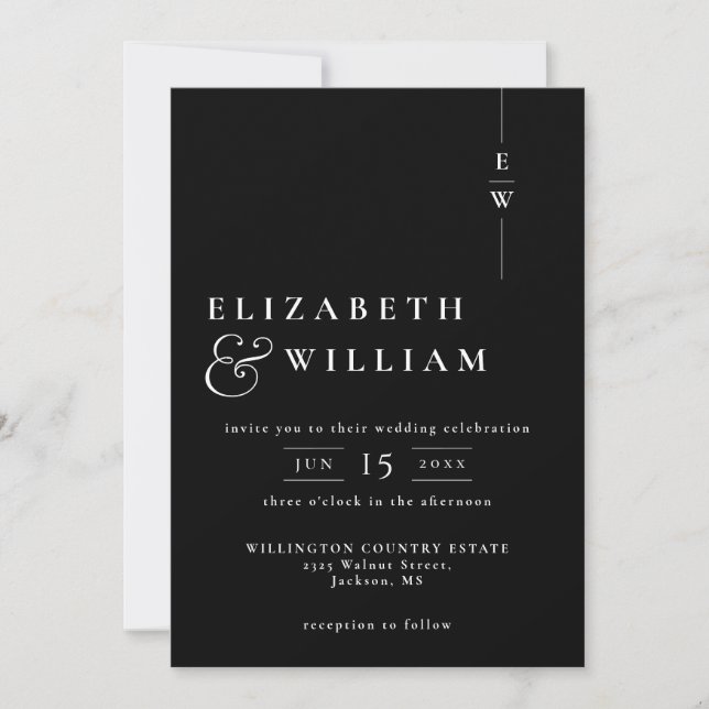 Invitation Mariage Monogramme moderne noir et blanc (Devant)