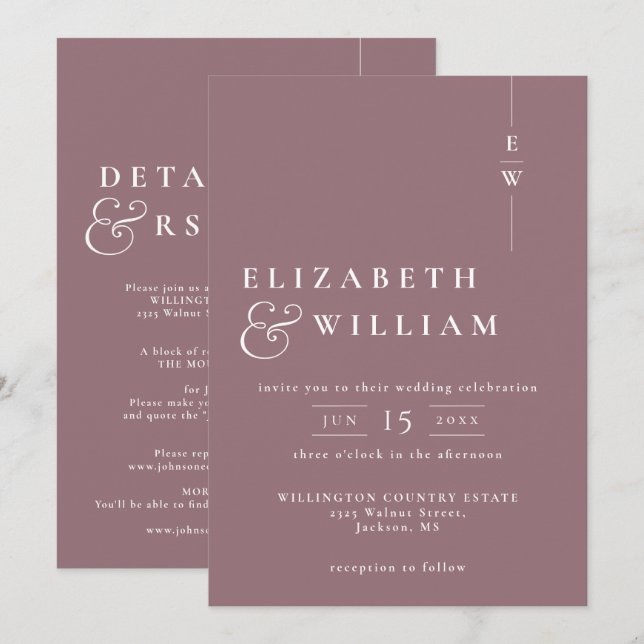 Invitation Mariage Monogramme Moderne Tout En Un Mauve (Devant / Derrière)