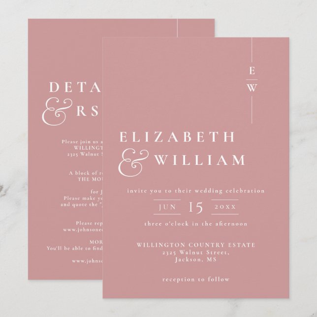 Invitation Mariage Monogramme Moderne Tout En Un Rose Poussié (Devant / Derrière)