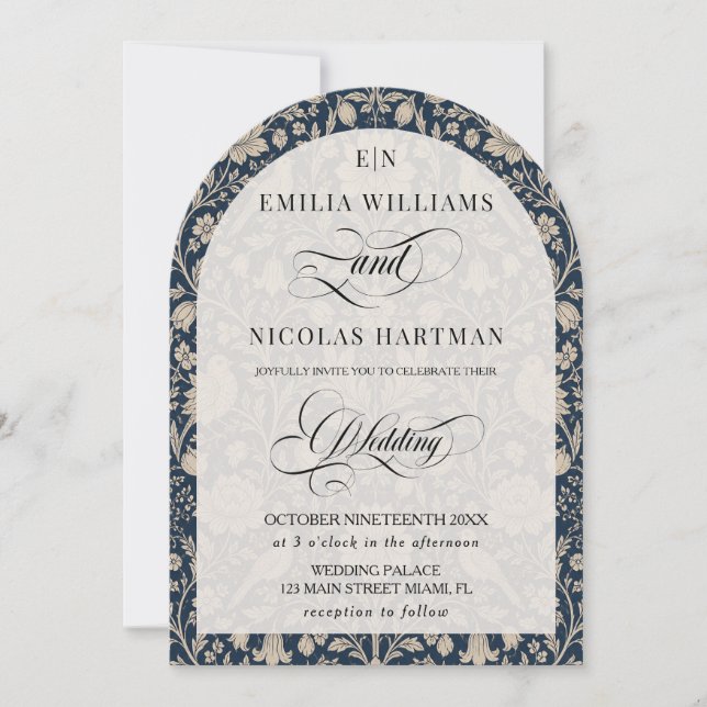 Invitation Mariage Monogramme Navy Art Nouveau (Devant)