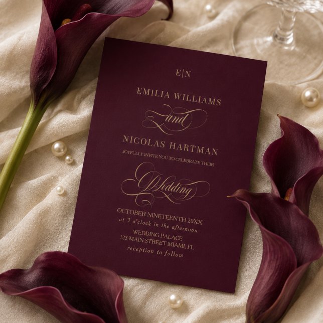 Invitation Mariage Monogramme Or Bourgogne (Créateur téléchargé)