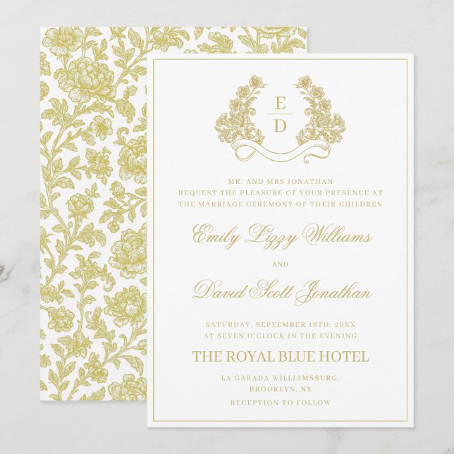 Invitation Mariage Monogramme Or et Blanc Patrimoine (Devant / Derrière)