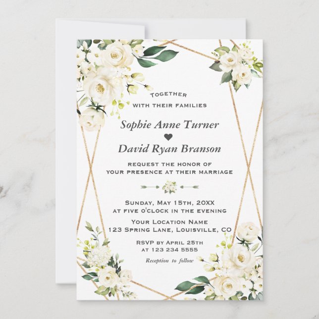 Invitation Mariage Monogramme Or Fleurs Blanches Charme (Devant)