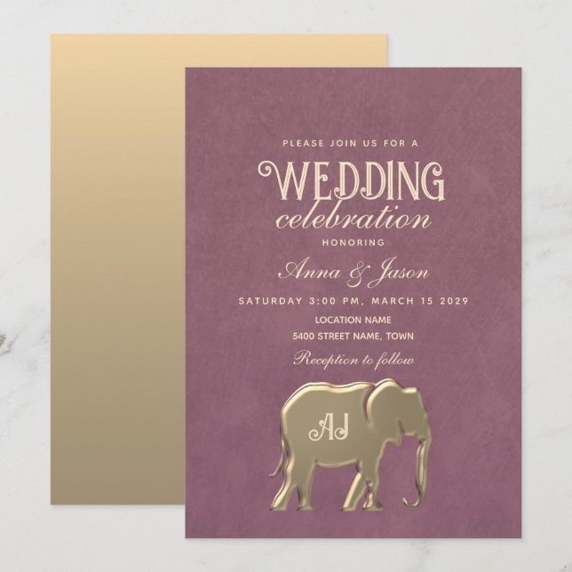 Invitation Mariage Monogramme Or Violet (Devant / Derrière)