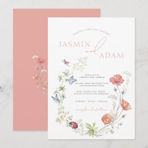 Invitation Mariage Monogramme Papillon Fleur Sauvage Corail