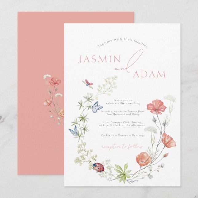Invitation Mariage Monogramme Papillon Fleur Sauvage Corail (Devant / Derrière)