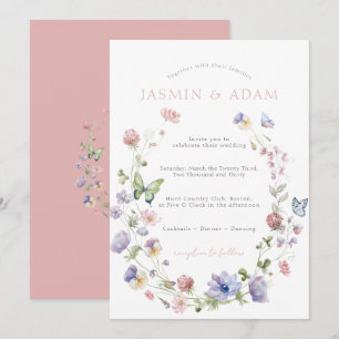 Invitation Mariage Monogramme Papillon Fleur Sauvage Rose Pâl