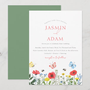 Invitation Mariage Monogramme Papillon Fleur Sauvage Rouge Fa