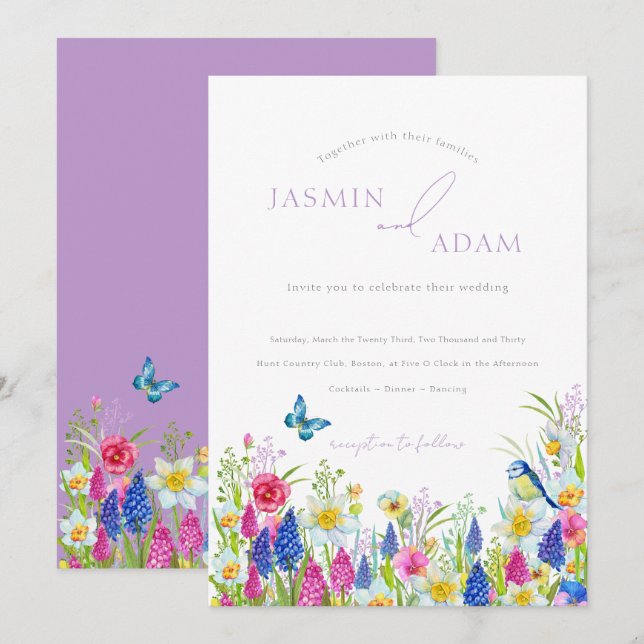 Invitation Mariage Monogramme Papillon Lavande Coloré (Devant / Derrière)