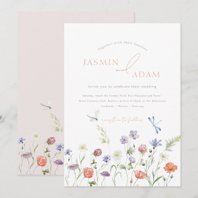 Invitation Mariage Monogramme Papillon Libellule Fleur Sauvag (Devant / Derrière)
