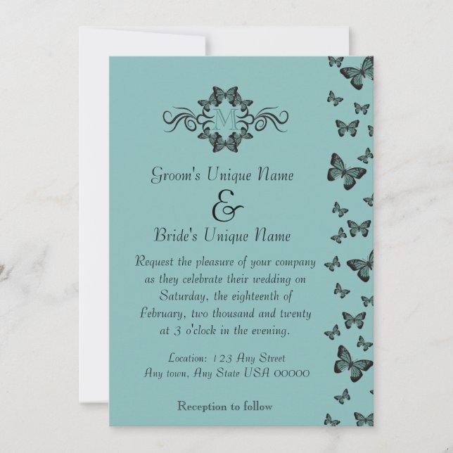 Invitation Mariage Monogramme Papillons Émeraude (Devant)