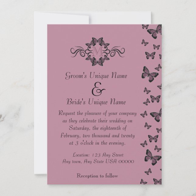Invitation Mariage Monogramme Papillons Fuchsia (Devant)