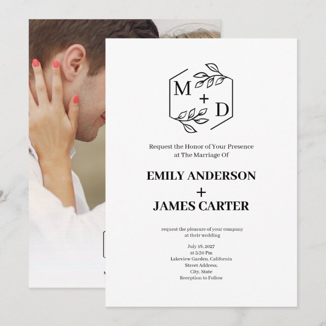 Invitation Mariage Monogramme Photo Botanique Minimaliste (Devant / Derrière)