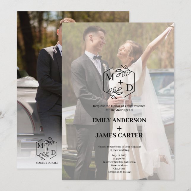 Invitation Mariage Monogramme Photographique Botanique Minima (Devant / Derrière)