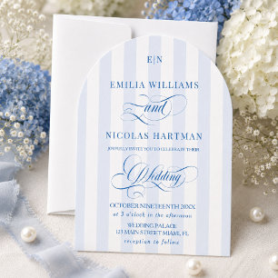 Invitation Mariage Monogramme Rayé Bleu et Blanc