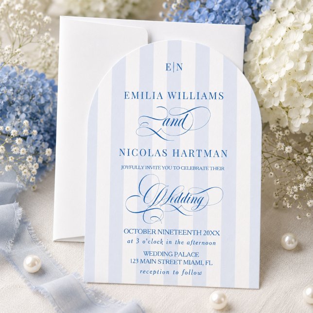 Invitation Mariage Monogramme Rayé Bleu et Blanc (Créateur téléchargé)