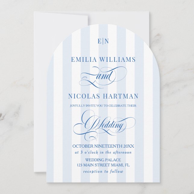 Invitation Mariage Monogramme Rayé Bleu et Blanc (Devant)
