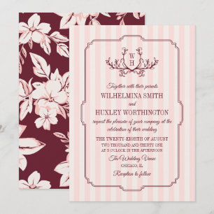 Invitation Mariage Monogramme Rayures Rouge-Bourgogne Verdure
