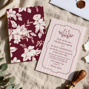 Invitation Mariage Monogramme Rayures Rouge-Bourgogne Verdure