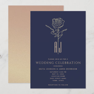 Invitation Mariage Monogrammé Rose Gold Bleu Nuit
