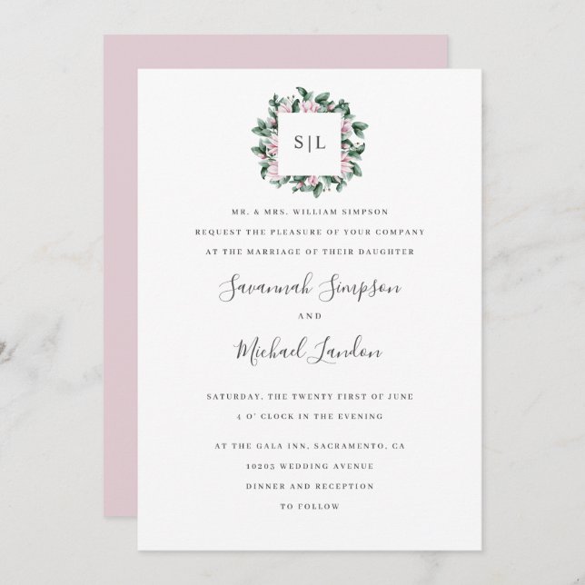Invitation Mariage monogramme rose Magnolia Eucalyptus peint (Devant / Derrière)