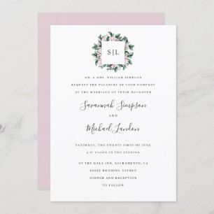 Invitation Mariage monogramme rose Magnolia Eucalyptus peint