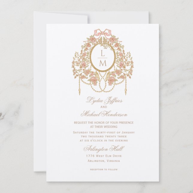 Invitation Mariage Monogramme Rose Rococo Français (Devant)
