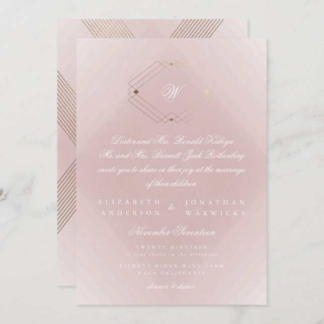Invitation Mariage Monogramme rose Rose doré classique (Devant / Derrière)