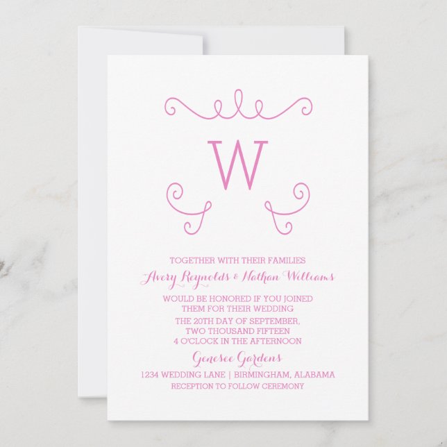 Invitation Mariage Monogramme rose Whimsical Flourish (Devant)