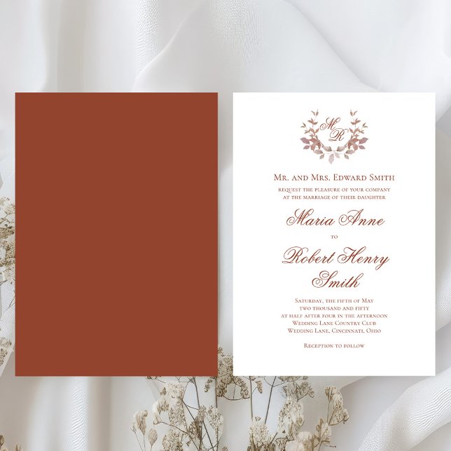 Invitation Mariage Monogramme Script Calligraphié Vin de Bour (Elegant burgundy rust wedding invitations. )
